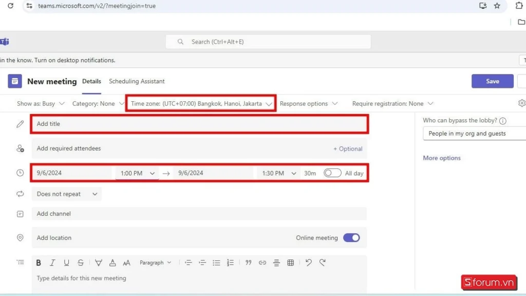 Cách lên lịch họp vào 1 giờ chiều nay